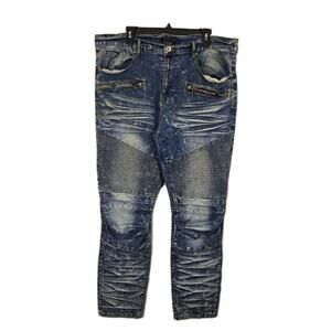 Blue Stitch Slim Straight Men's Blue Jeans Distressed 38W 32L Punk Grunge Skater